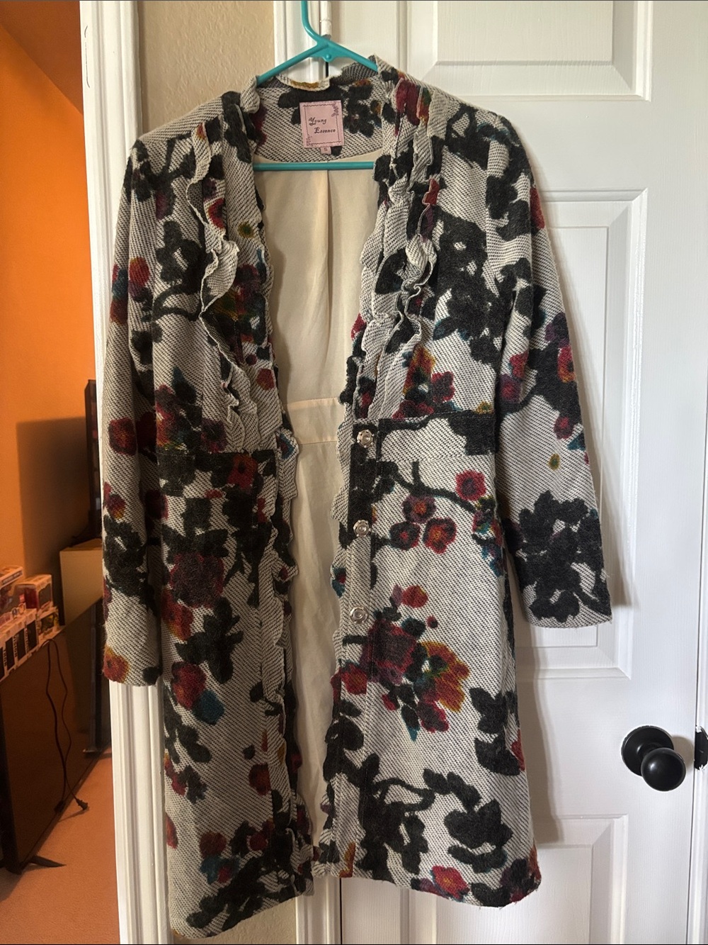 Young Essence Ivory Coat with Black Floral and Multicolor Accents